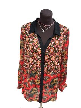 Fig & Flower Women’s Tunic Blouse Size L Red Floral Boho Button Front Top